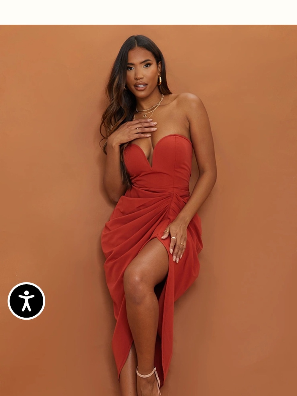 PrettyLittleThing Strapless Rust Midi Dress with Draped Side